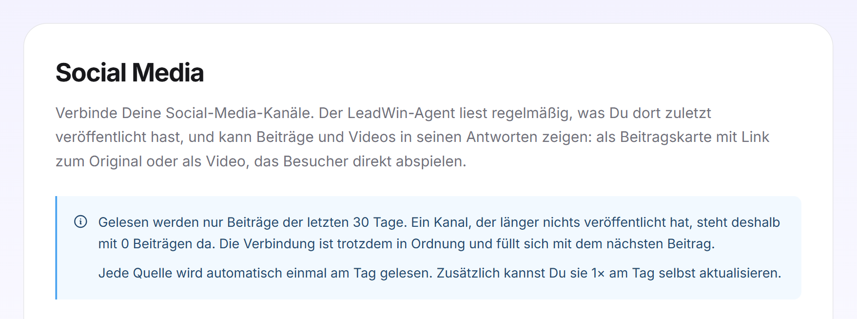 Der Hinweis zu Social Media: gelesen werden nur Beiträge der letzten 30 Tage, dazu der Lese-Rhythmus des Abos