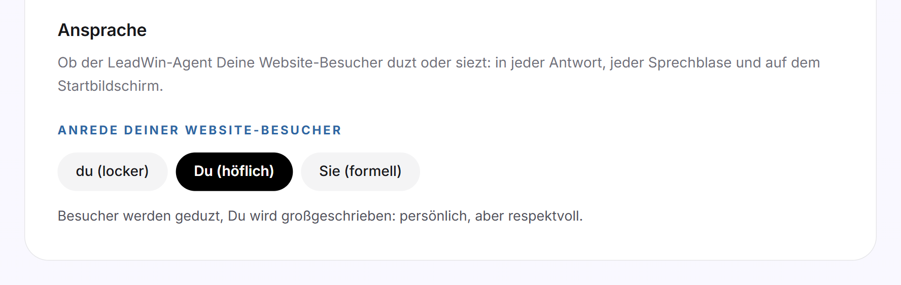 Die Karte Ansprache mit den drei Kacheln du (locker), Du (höflich) und Sie (formell)