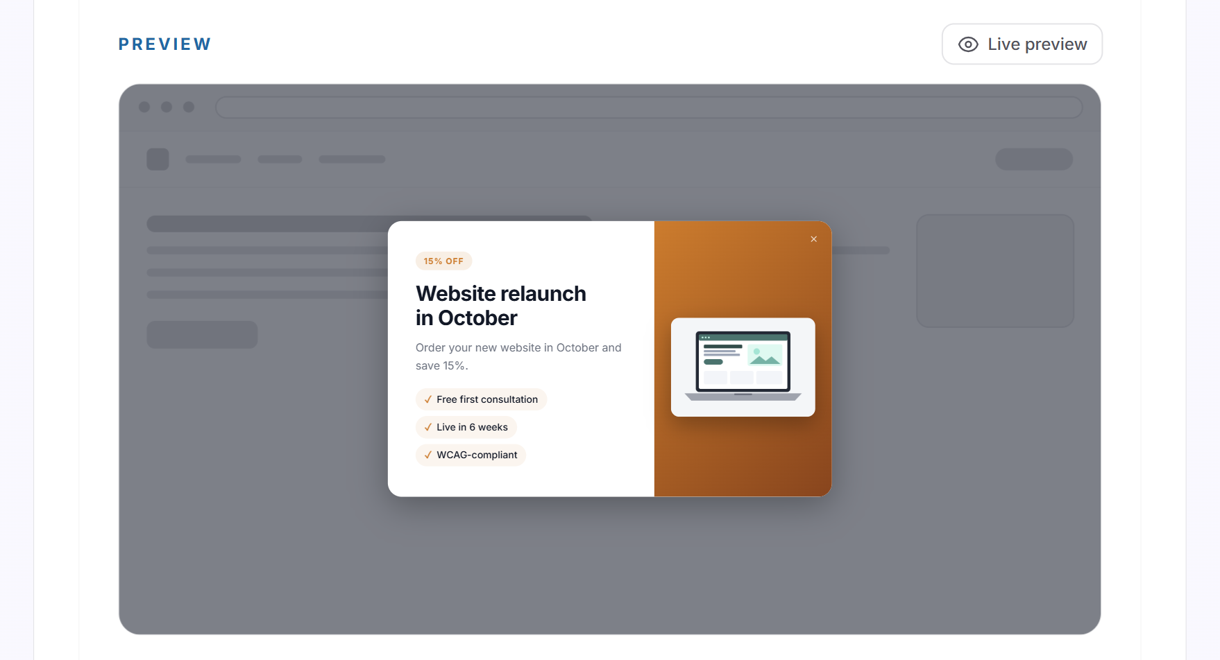 The preview of a dialog in the Spotlight design with badge, three highlights, an image and the Live preview button