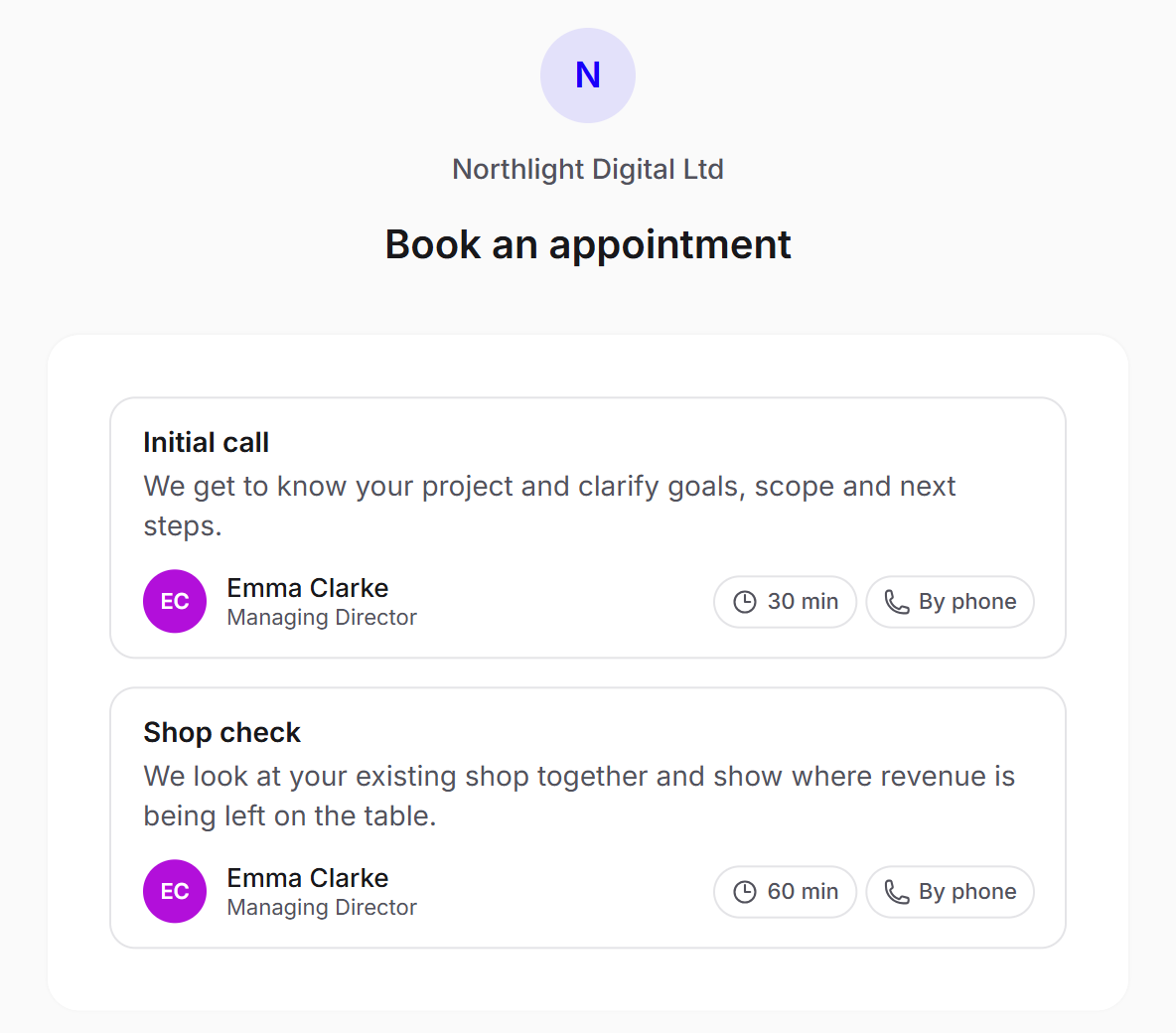 The public booking page of Northlight Digital with the avatar, the name, the heading and the choice of event types