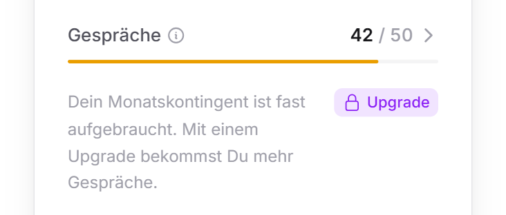 Die Zeile Gespräche mit gelbem Balken bei 42 von 50 und dem Hinweis, dass das Monatskontingent fast aufgebraucht ist, mit dem Kennzeichen Upgrade