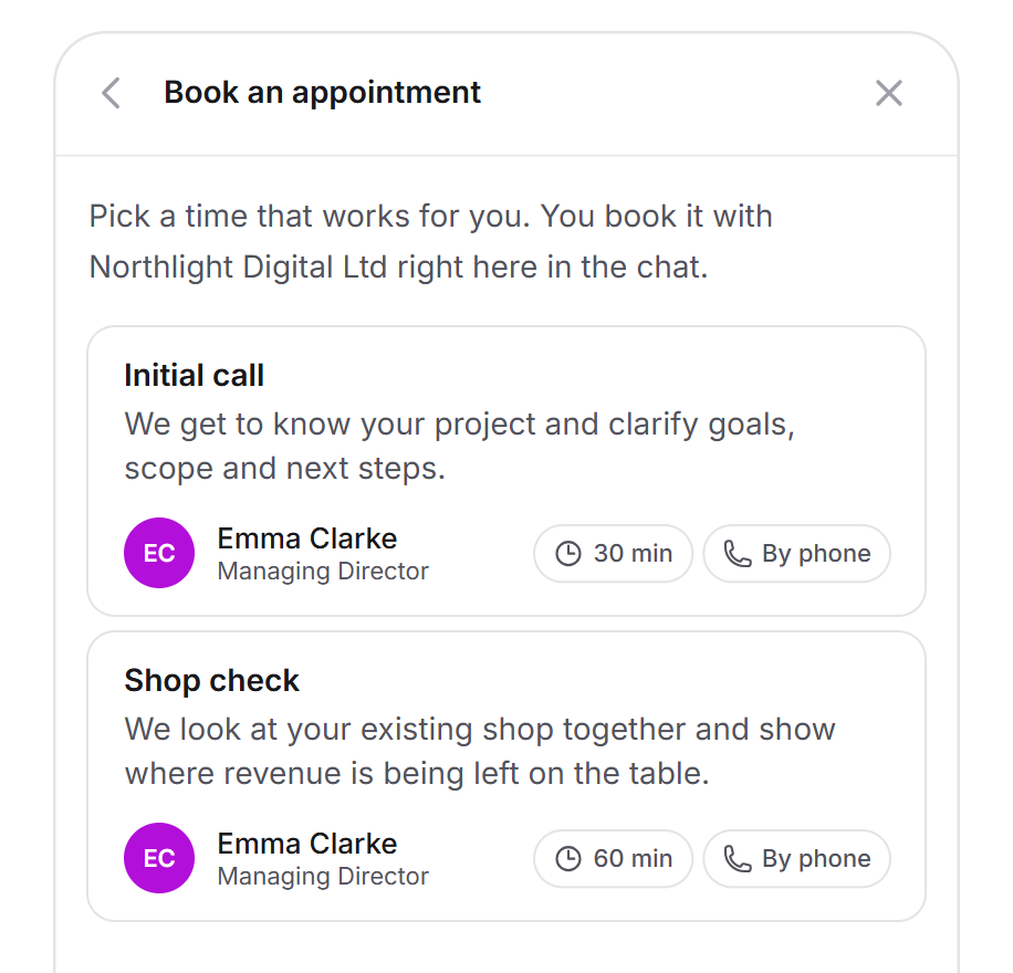 Appointment booking in the live preview with the Initial call and Shop check event types, each with contact person, duration and channel