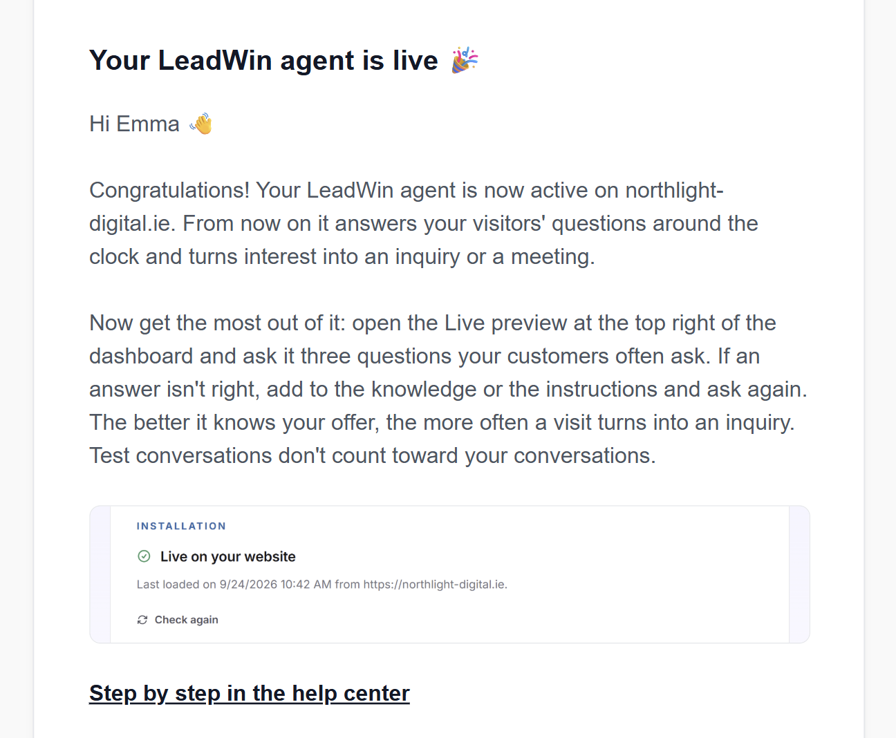The email Your LeadWin agent is live with the website, the tip about the live preview, a picture from the help center and the link to the guide