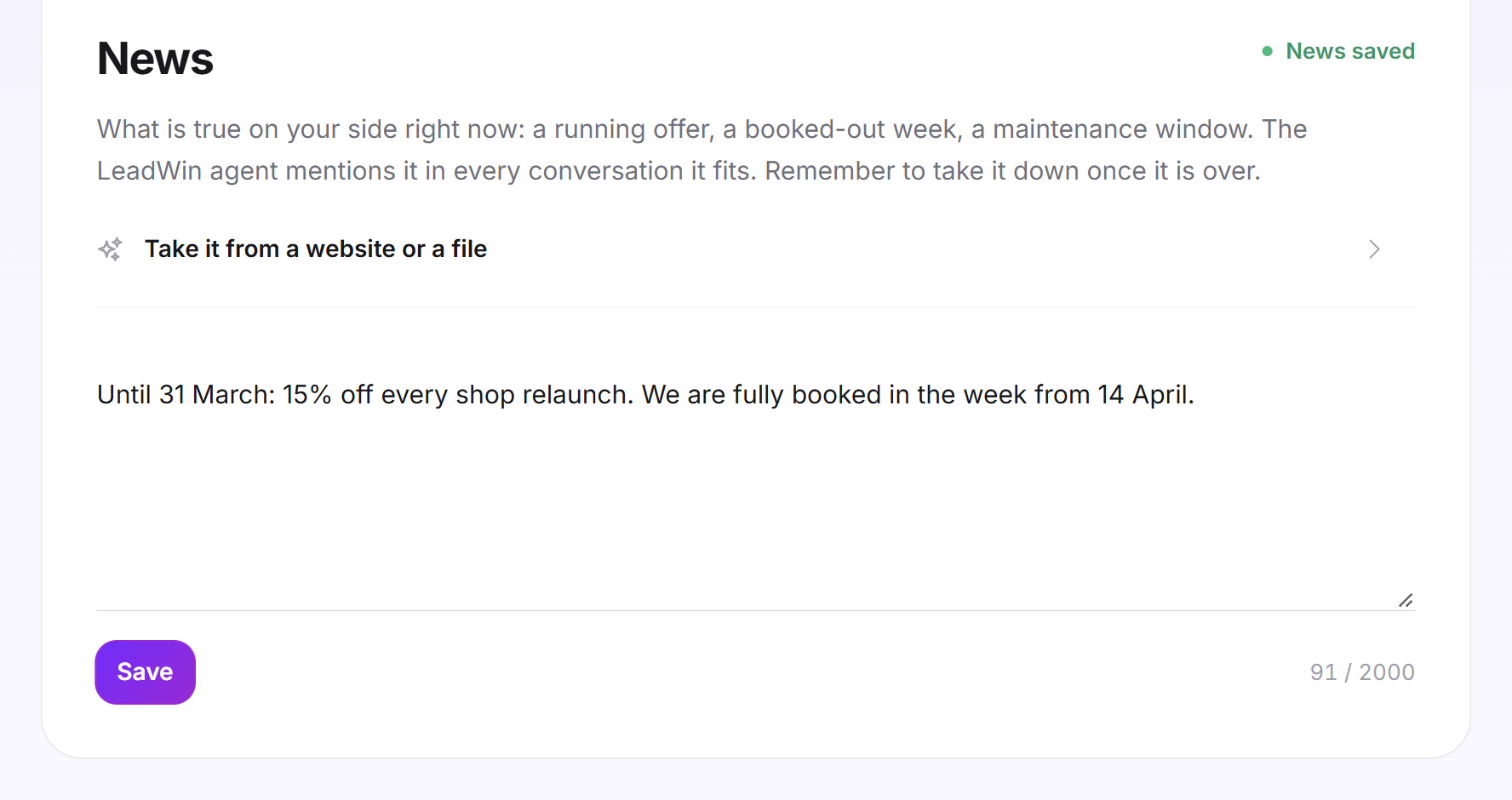 The News card with a saved offer text and the status News saved