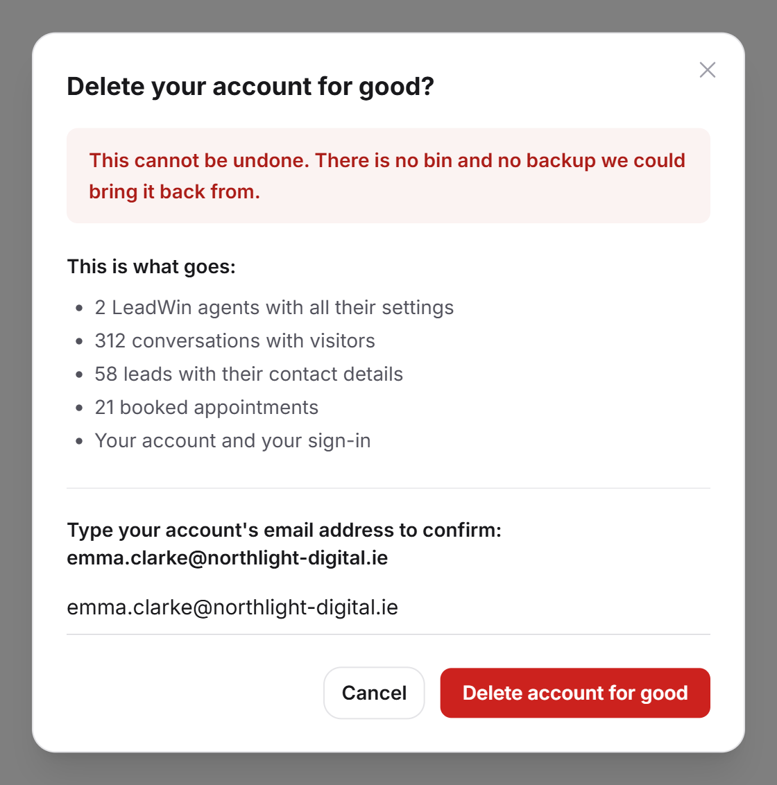 La boîte de dialogue Supprimer définitivement ton compte avec l'avertissement, la liste Voici ce qui disparaît et l'adresse e-mail saisie