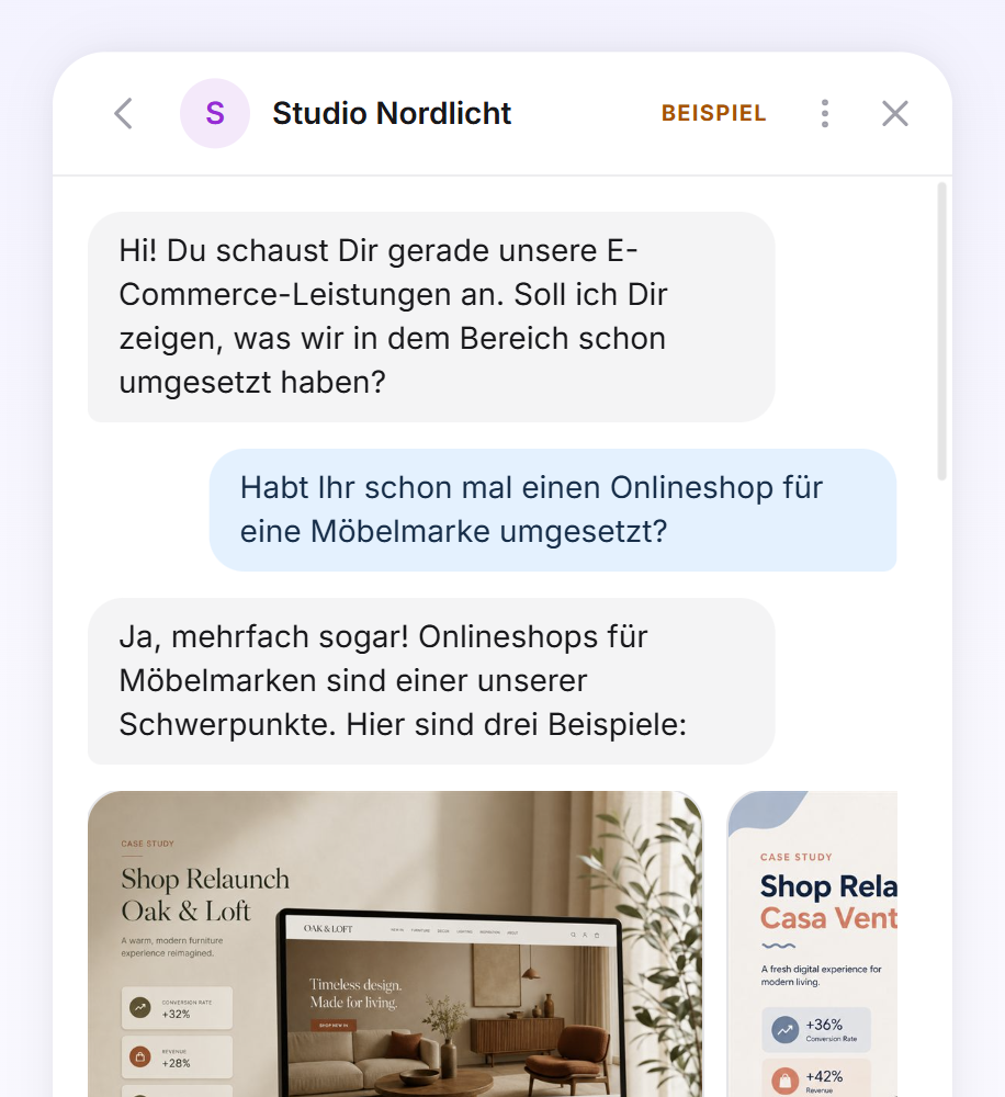 Das animierte Beispielgespräch mit Begrüßung, Besucherfrage und einer Antwort mit Referenzkarten