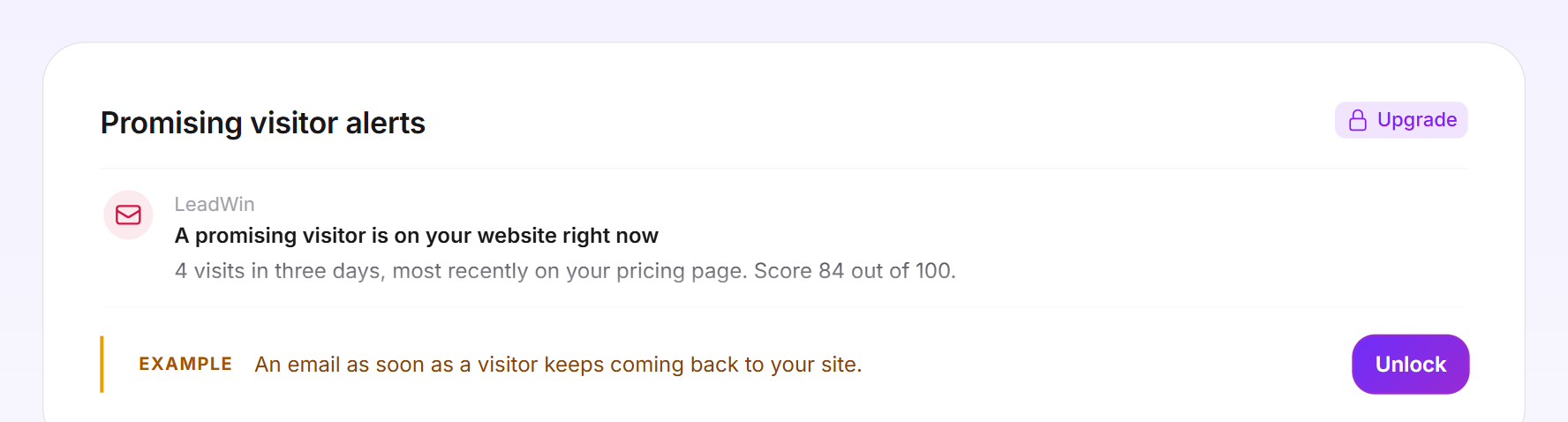 The locked card with an example email about a visitor with score 84 and the Unlock button