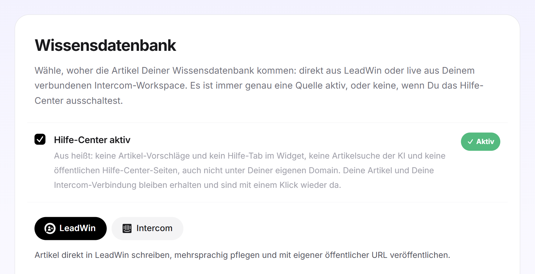 Die Karte Wissensdatenbank mit dem Schalter Hilfe-Center aktiv und den beiden Quellen LeadWin und Intercom