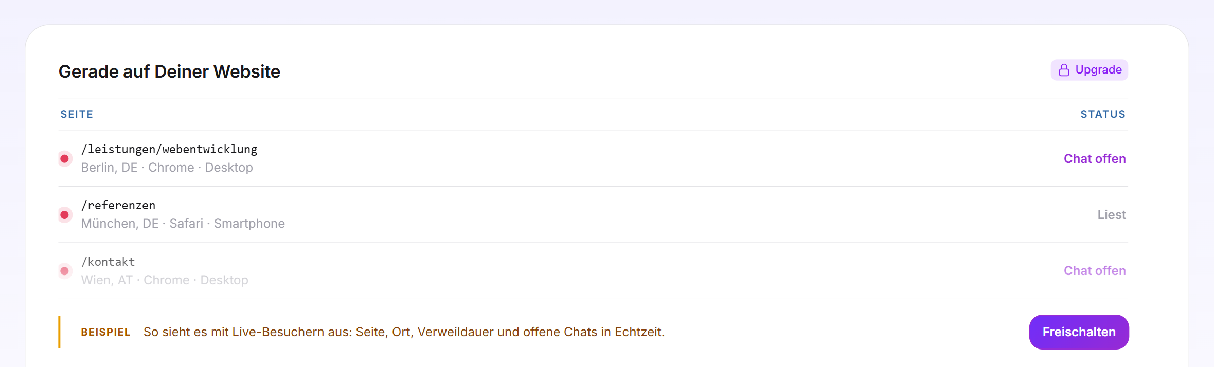 Beispielzeilen der Besucher-Intelligence mit der Kennzeichnung Beispiel und der Schaltfläche Freischalten