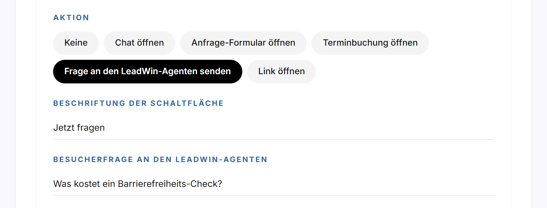 Die Aktion Frage an den LeadWin-Agenten senden mit ausgefüllter Beschriftung der Schaltfläche und Besucherfrage