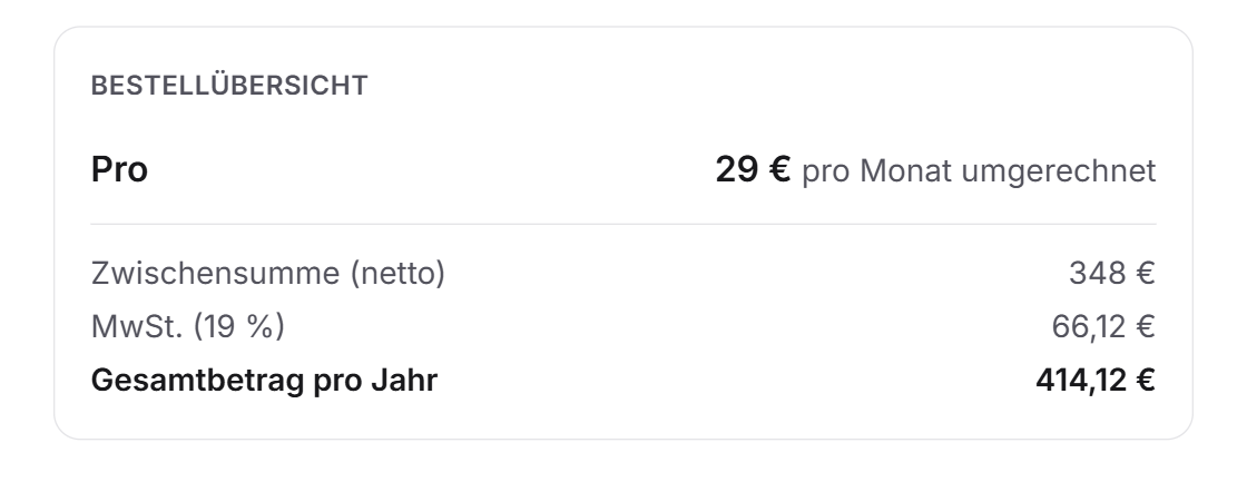 Die Bestellübersicht mit Abo Pro, Zwischensumme netto, Mehrwertsteuer und Gesamtbetrag pro Jahr