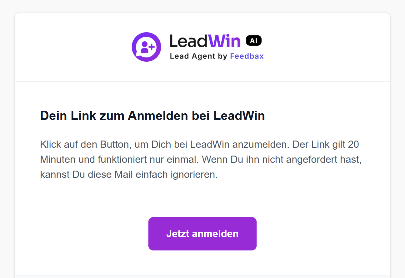 Die Mail Dein Link zum Anmelden bei LeadWin mit dem Hinweis auf 20 Minuten Gültigkeit und der Schaltfläche Jetzt anmelden