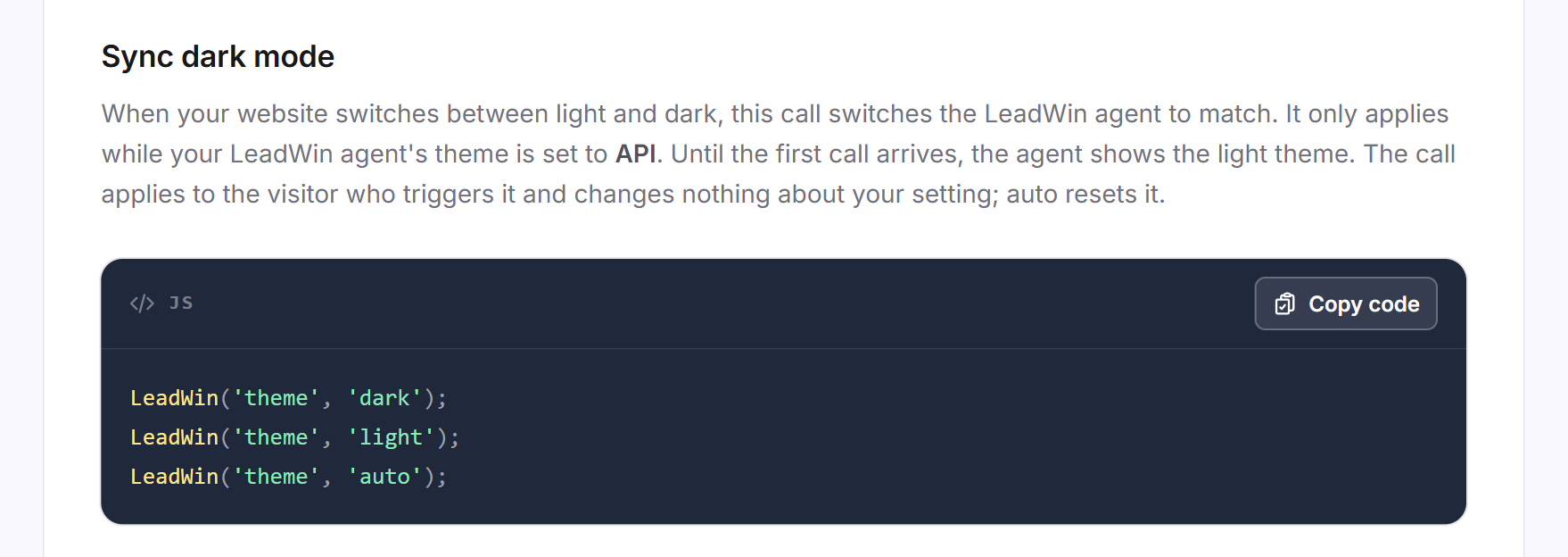 The Sync dark mode card with three examples for the theme command
