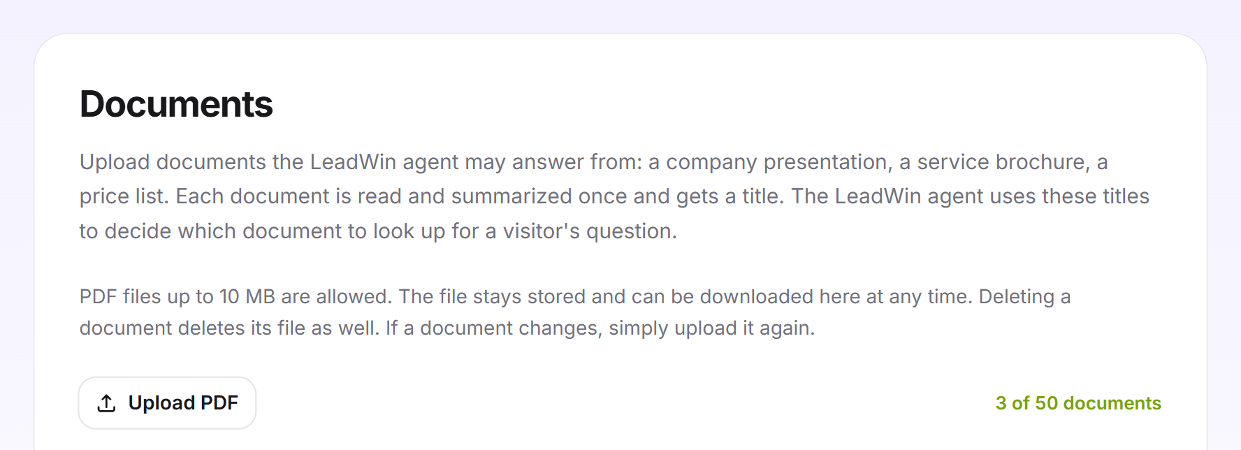 The Documents card with its introduction, the Upload PDF button and the counter 3 of 50 documents