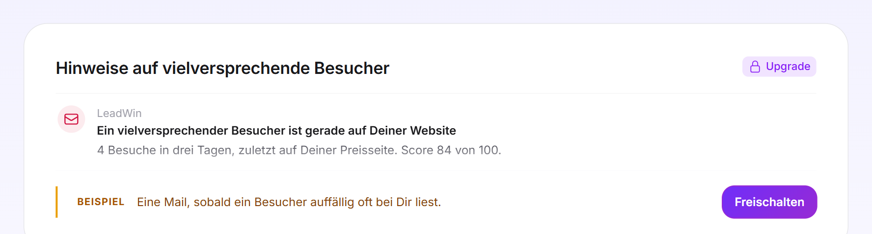 Die gesperrte Karte mit einer Beispielmail über einen Besucher mit Score 84 und der Schaltfläche Freischalten