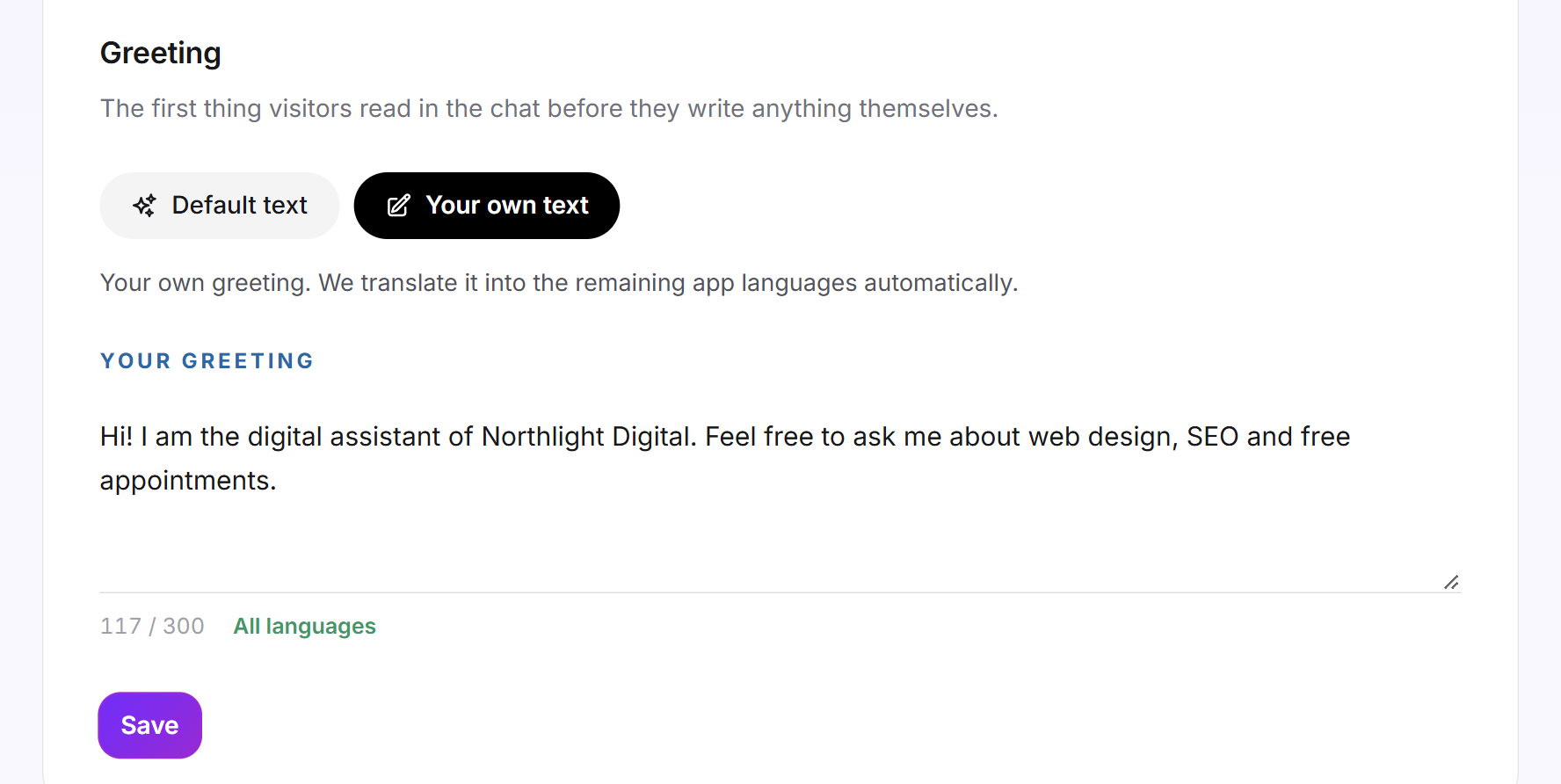 The Greeting tab with the Your own text tile, a greeting from Northlight Digital, the character counter and the status All languages