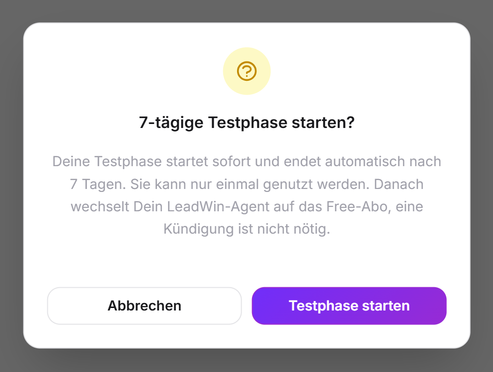 Der Dialog 7-tägige Testphase starten mit dem Hinweis, dass die Testphase nur einmal genutzt werden kann, und den Schaltflächen Testphase starten und Abbrechen