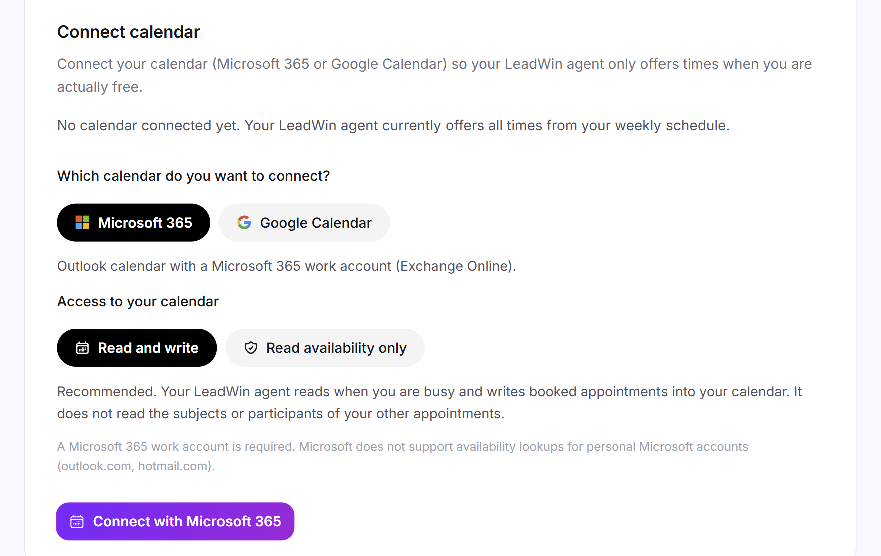 The Connect calendar card with the Microsoft 365 and Google Calendar tiles, the two access options and the button to connect