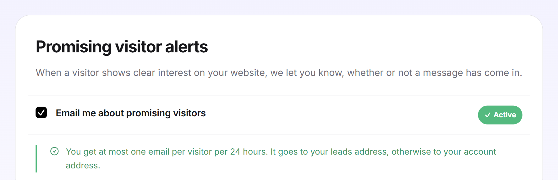 The Promising visitor alerts card with the Email me about promising visitors checkbox ticked and the green notice about frequency