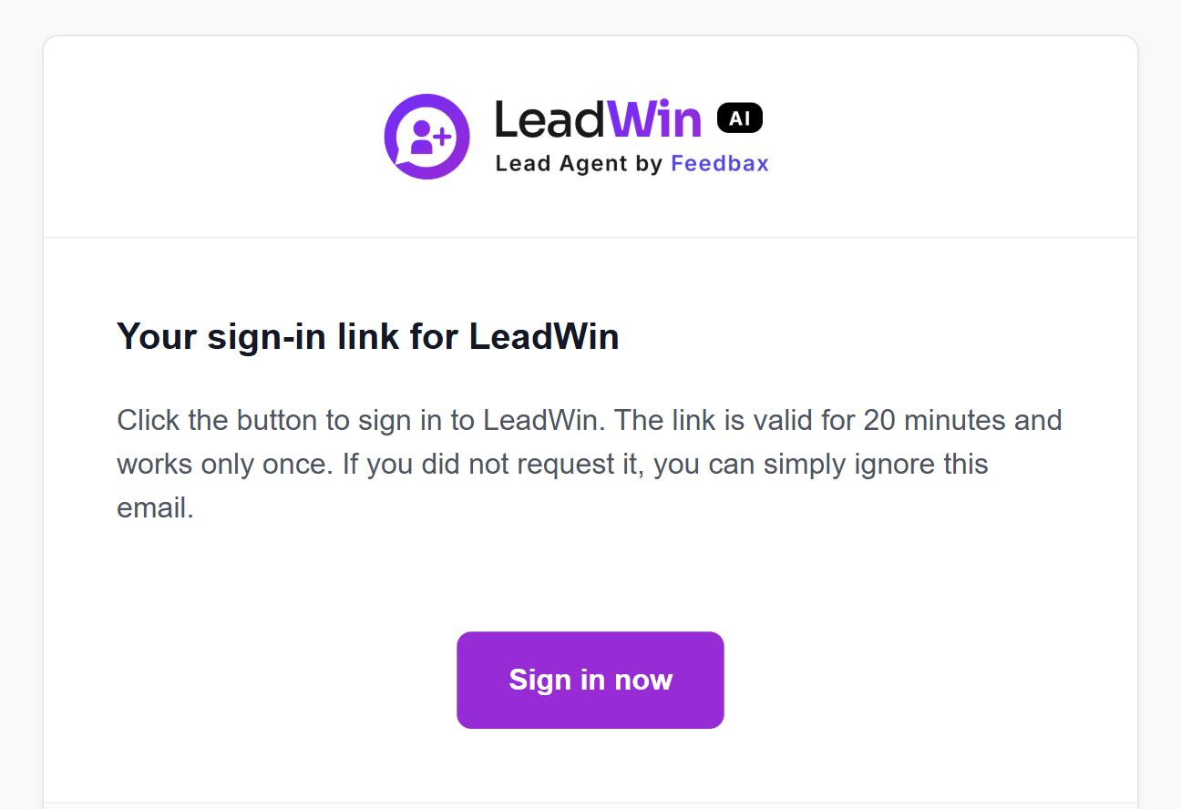 The email Your sign-in link for LeadWin with the note on 20 minutes of validity and the Sign in now button