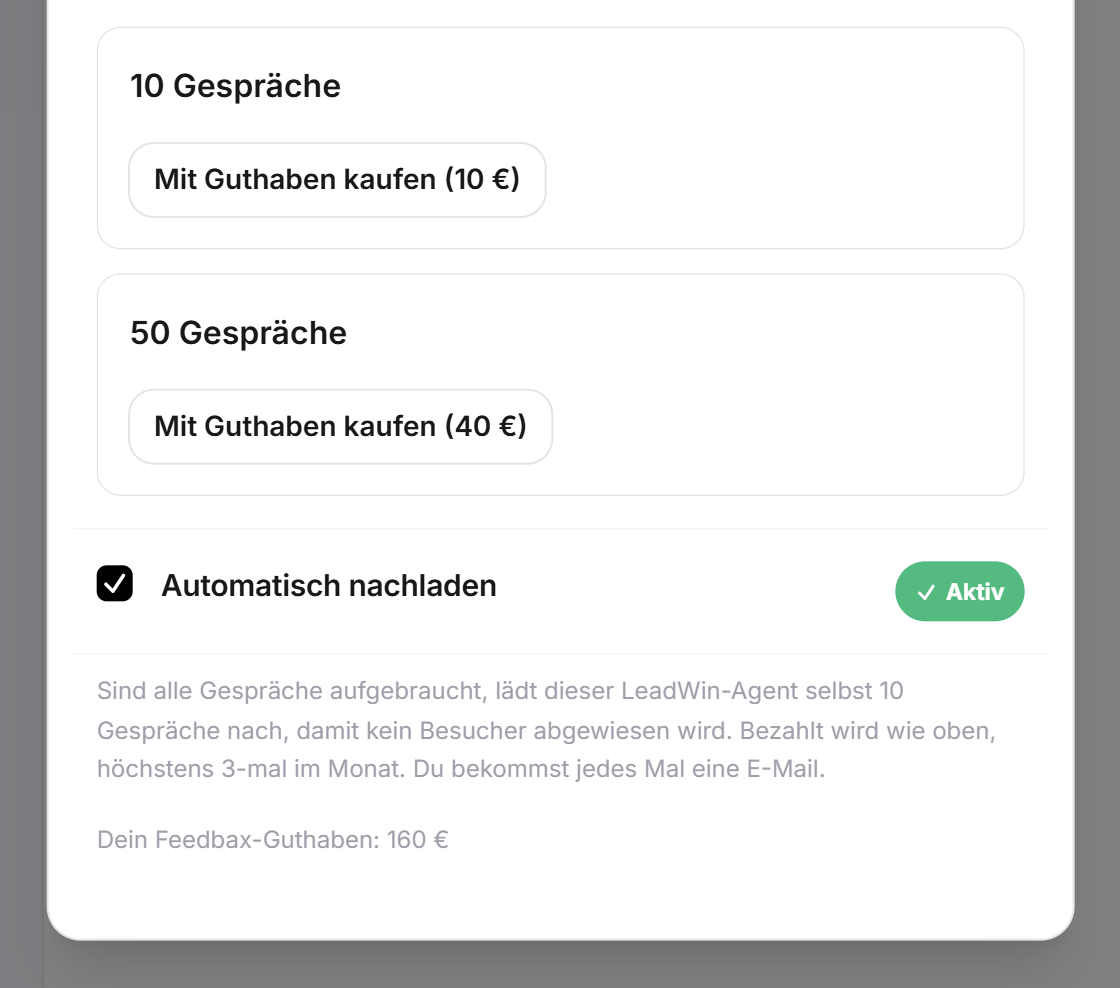 Der Dialog Mehr Gespräche mit zwei Paketen, den Schaltflächen Mit Guthaben kaufen und dem aktuellen Feedbax-Guthaben