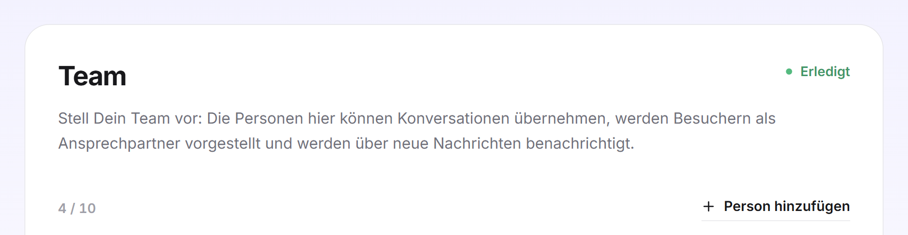 Der Kopf der Karte Team mit Einleitung, dem Sitzzähler 4 / 10 und der Schaltfläche Person hinzufügen