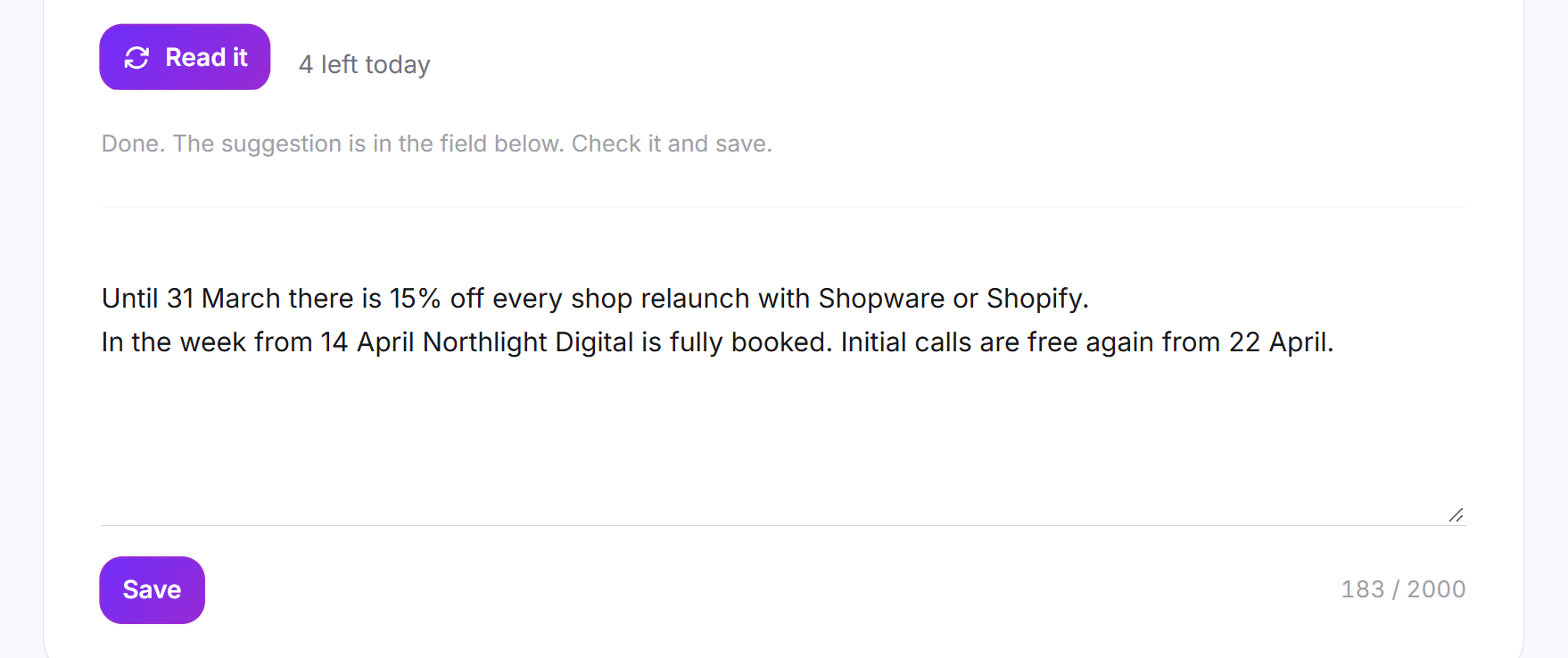 The success message after reading, with the suggestion in the text field below