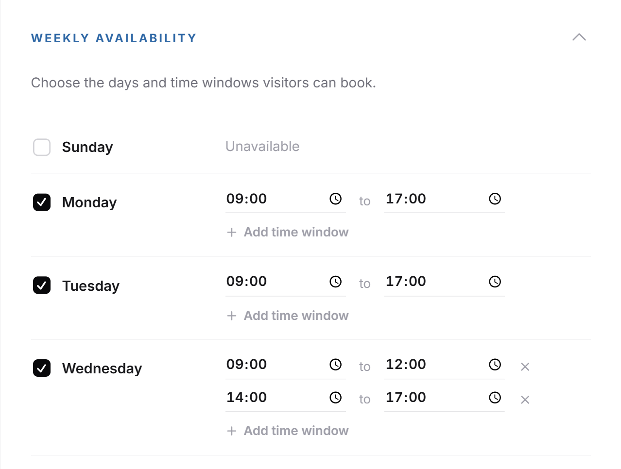 The expanded weekly availability with Sunday unavailable and time windows from Monday, with two windows on Wednesday