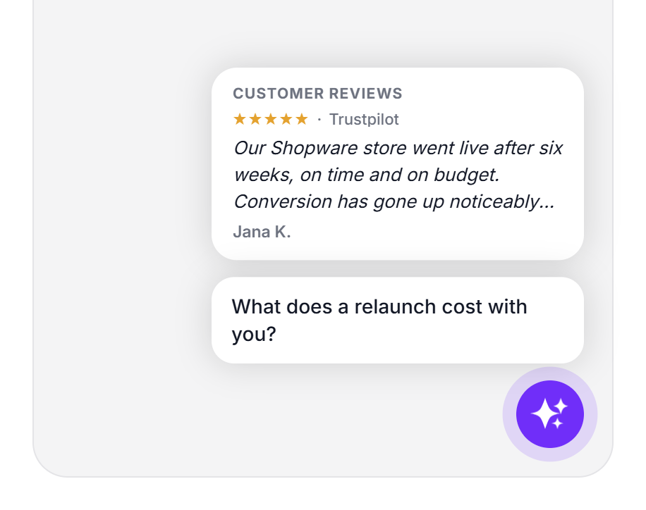 Une carte Avis clients avec cinq étoiles de Trustpilot et, en dessous, une bulle au-dessus du launcher fermé