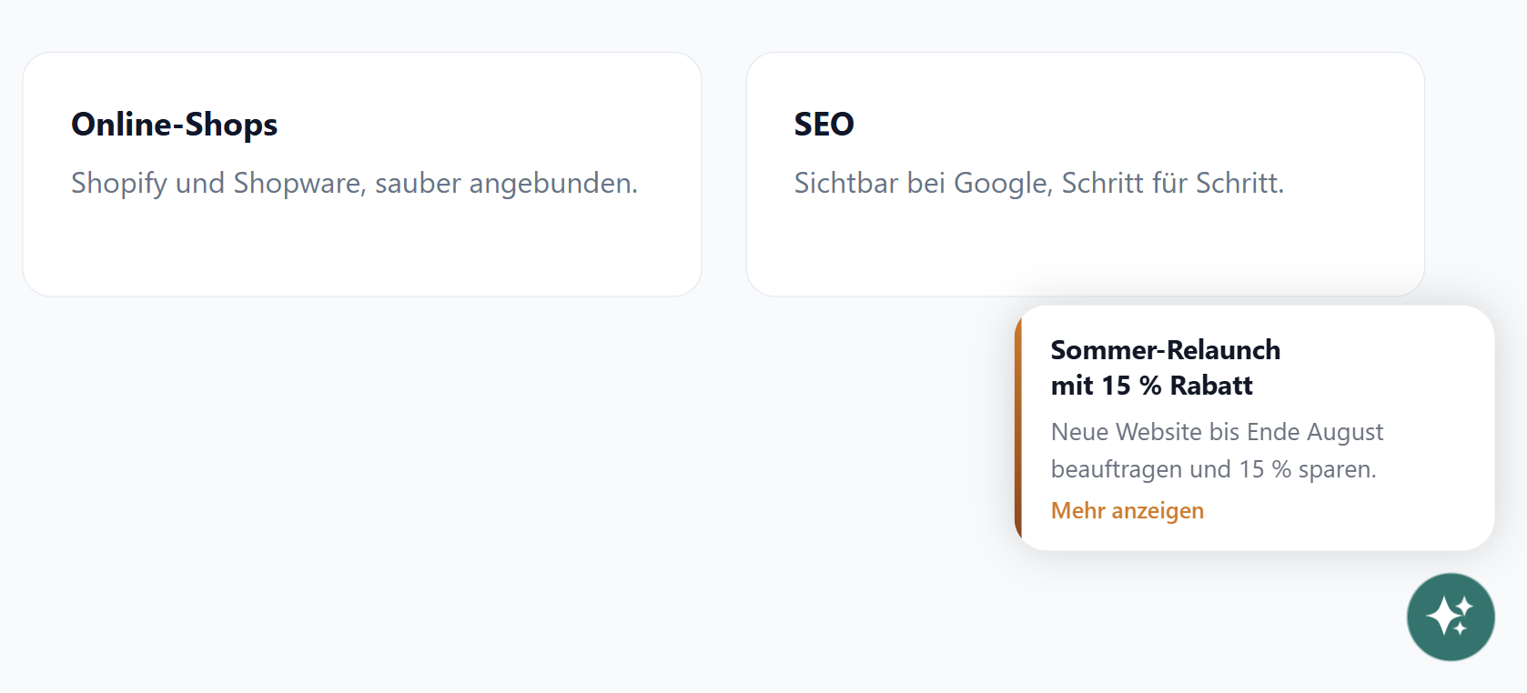 Eine Kampagnen-Karte der Art Angebot über dem Launcher auf der Website von Nordlicht Digital