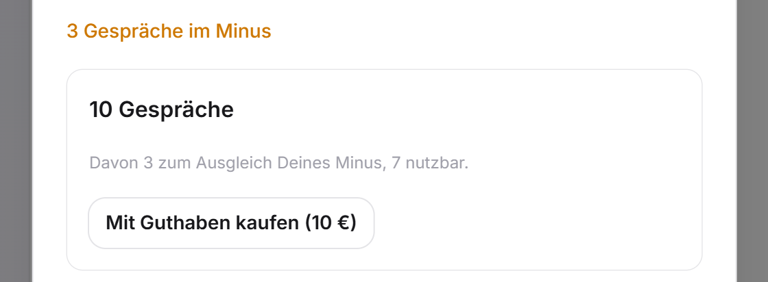 Der Dialog Mehr Gespräche mit 3 Gesprächen im Minus und dem Hinweis beim Paket, wie viele Gespräche zum Ausgleich dienen und wie viele nutzbar bleiben