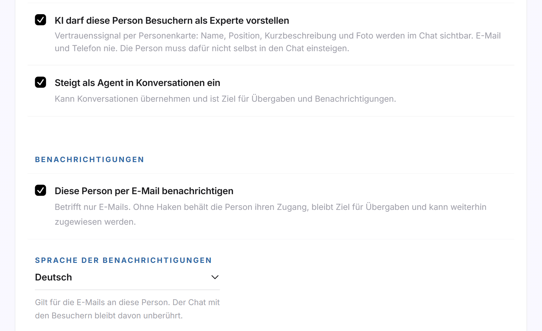 Die Schalter Experte und Agent, darunter die E-Mail-Benachrichtigung und die Sprache der Benachrichtigungen