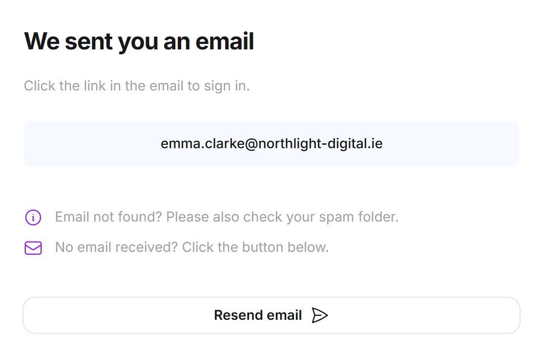 The confirmation We sent you an email with the address, two tips and the Resend email button