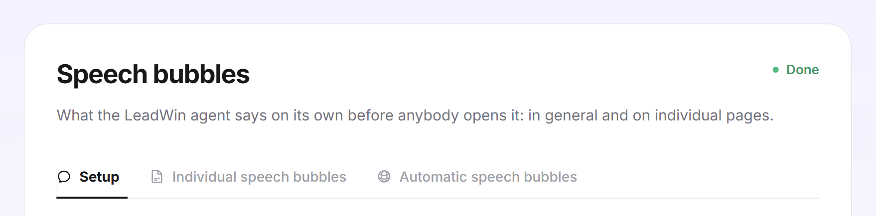 The header of the Speech bubbles page with the status Done and the three tabs Setup, Individual speech bubbles and Automatic speech bubbles