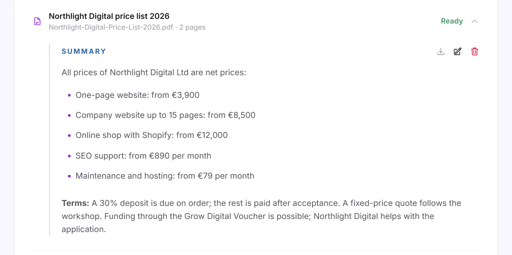 An expanded document with title, page count, summary and the icons to download, edit and delete