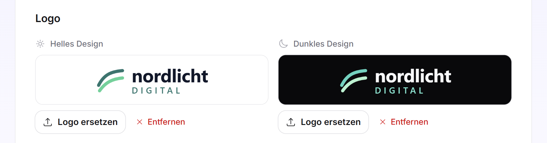Der Logo-Block mit einem Logo im Feld Helles Design und einem im Feld Dunkles Design, jeweils mit den Schaltflächen Logo ersetzen und Entfernen