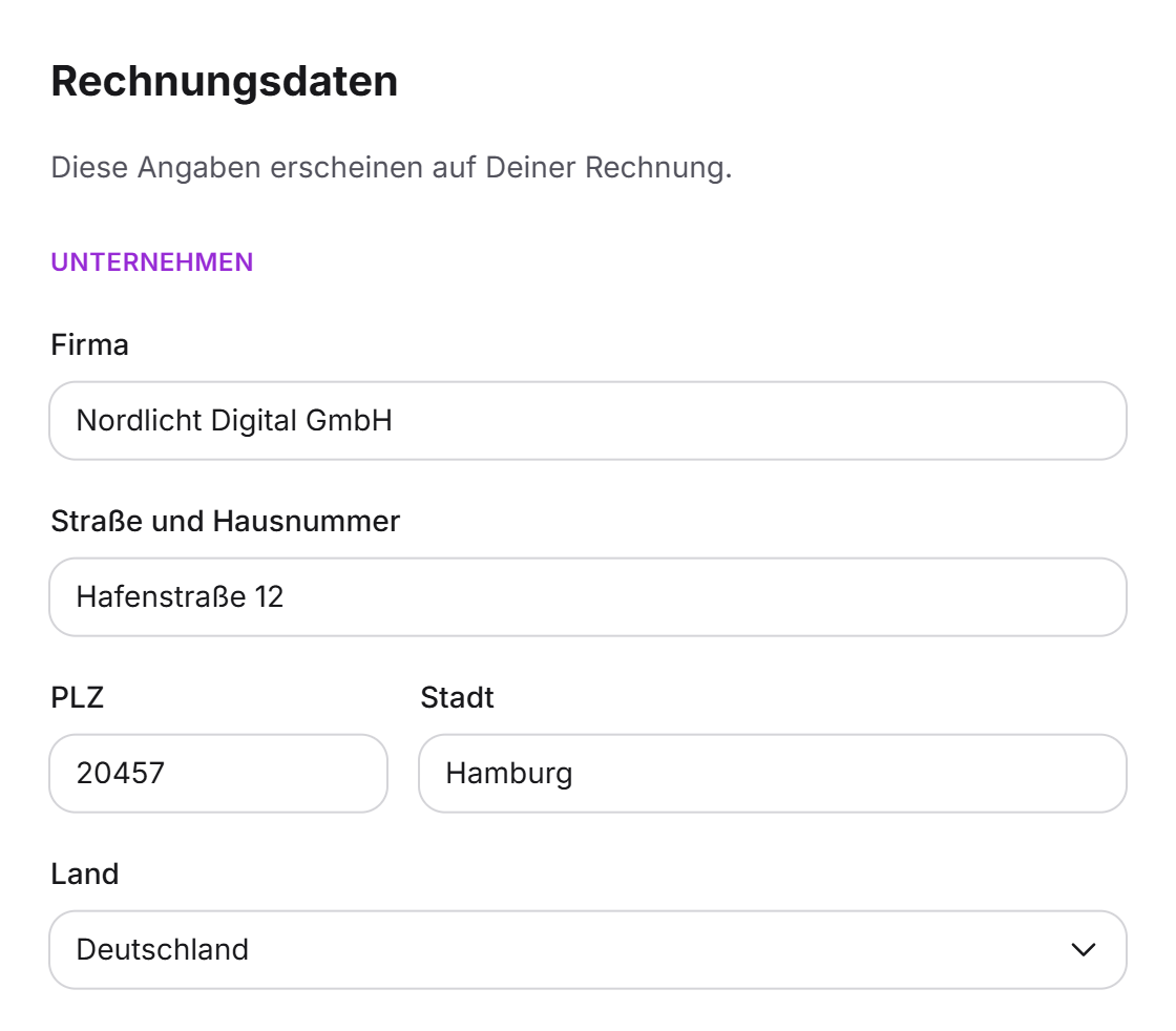 Der Schritt Rechnungsdaten mit dem Abschnitt Unternehmen, ausgefüllt mit Firma, Anschrift und Land
