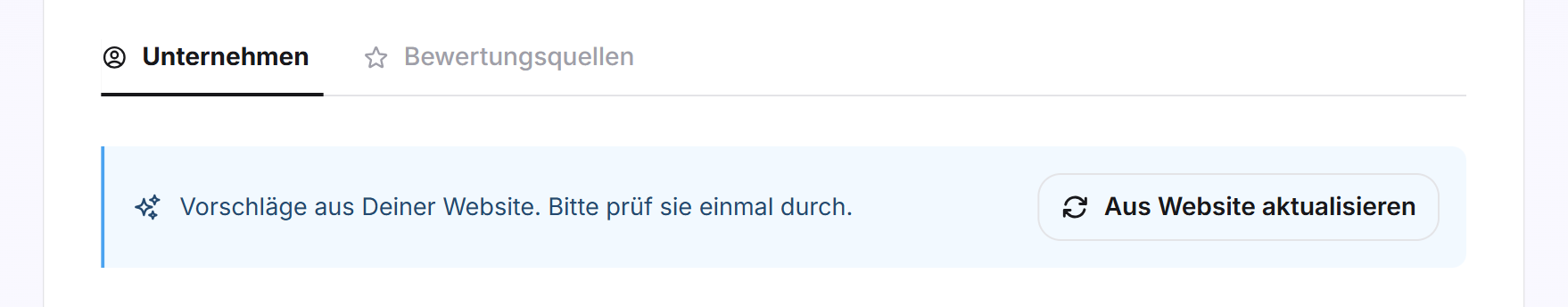 Der Kopf der Seite Unternehmen mit dem Hinweis auf Vorschläge aus der Website und der Schaltfläche Aus Website aktualisieren