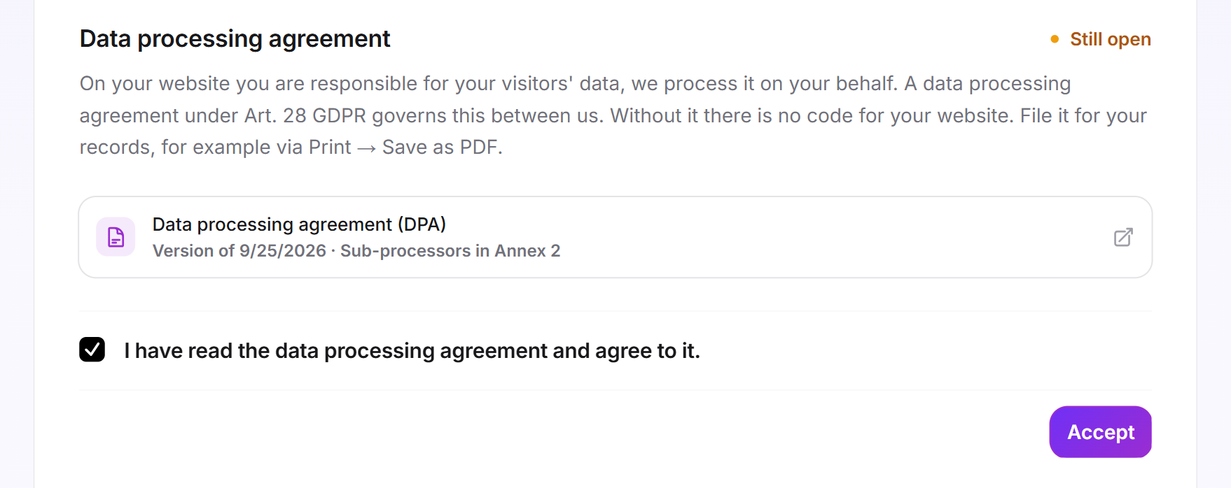 The Data processing agreement card with the agreement's own card in the version of 9/25/2026, the ticked checkbox and the Accept button
