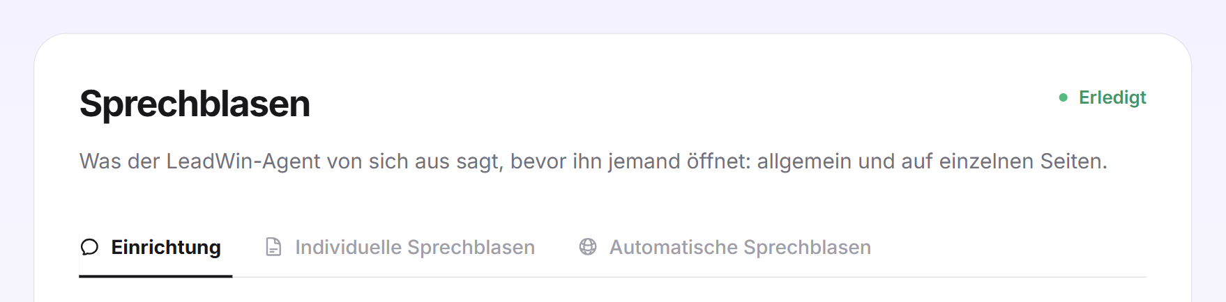 Der Kopf der Seite Sprechblasen mit dem Status Erledigt und den drei Reitern Einrichtung, Individuelle Sprechblasen und Automatische Sprechblasen