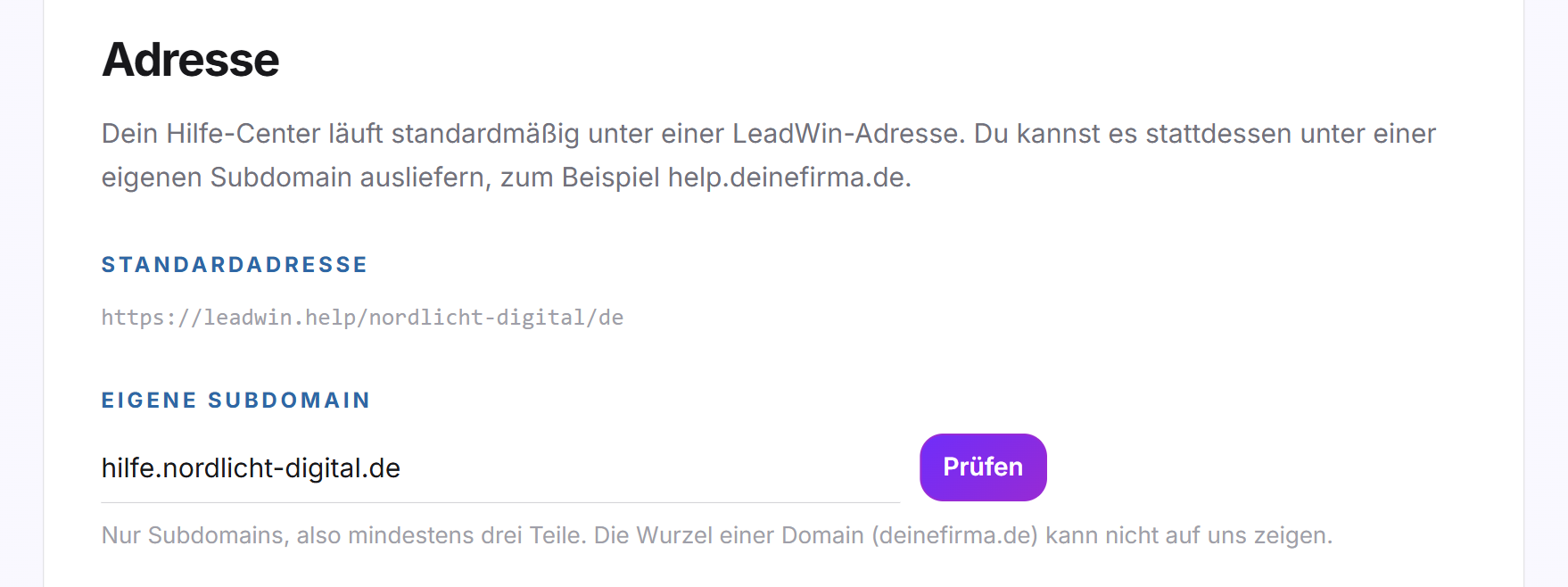 Der Reiter Adresse mit der Standardadresse des Hilfe-Centers, dem Feld Eigene Subdomain und der Schaltfläche Prüfen
