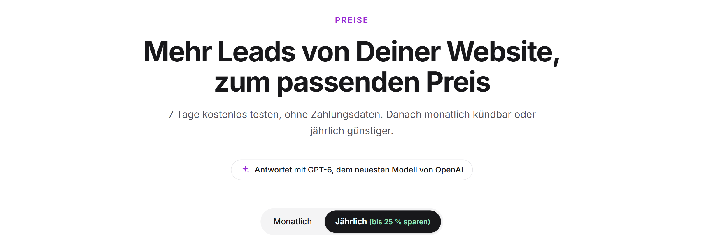 Der Kopf der LeadWin-Preisseite mit Überschrift, Hinweis auf das KI-Modell und dem Umschalter zwischen Monatlich und Jährlich