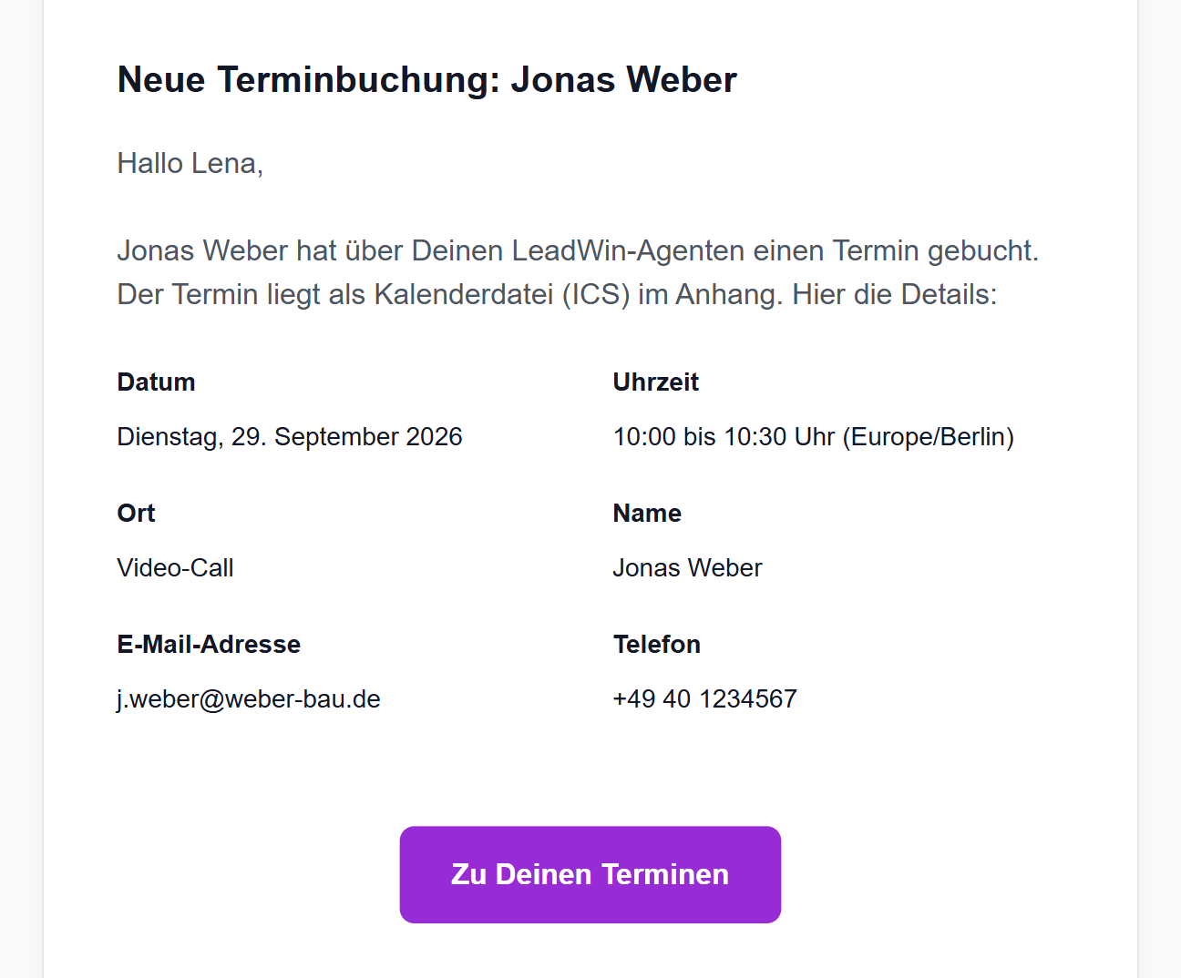 Die E-Mail Neue Terminbuchung mit Datum, Uhrzeit, Kontaktdaten und der Schaltfläche Zu Deinen Terminen