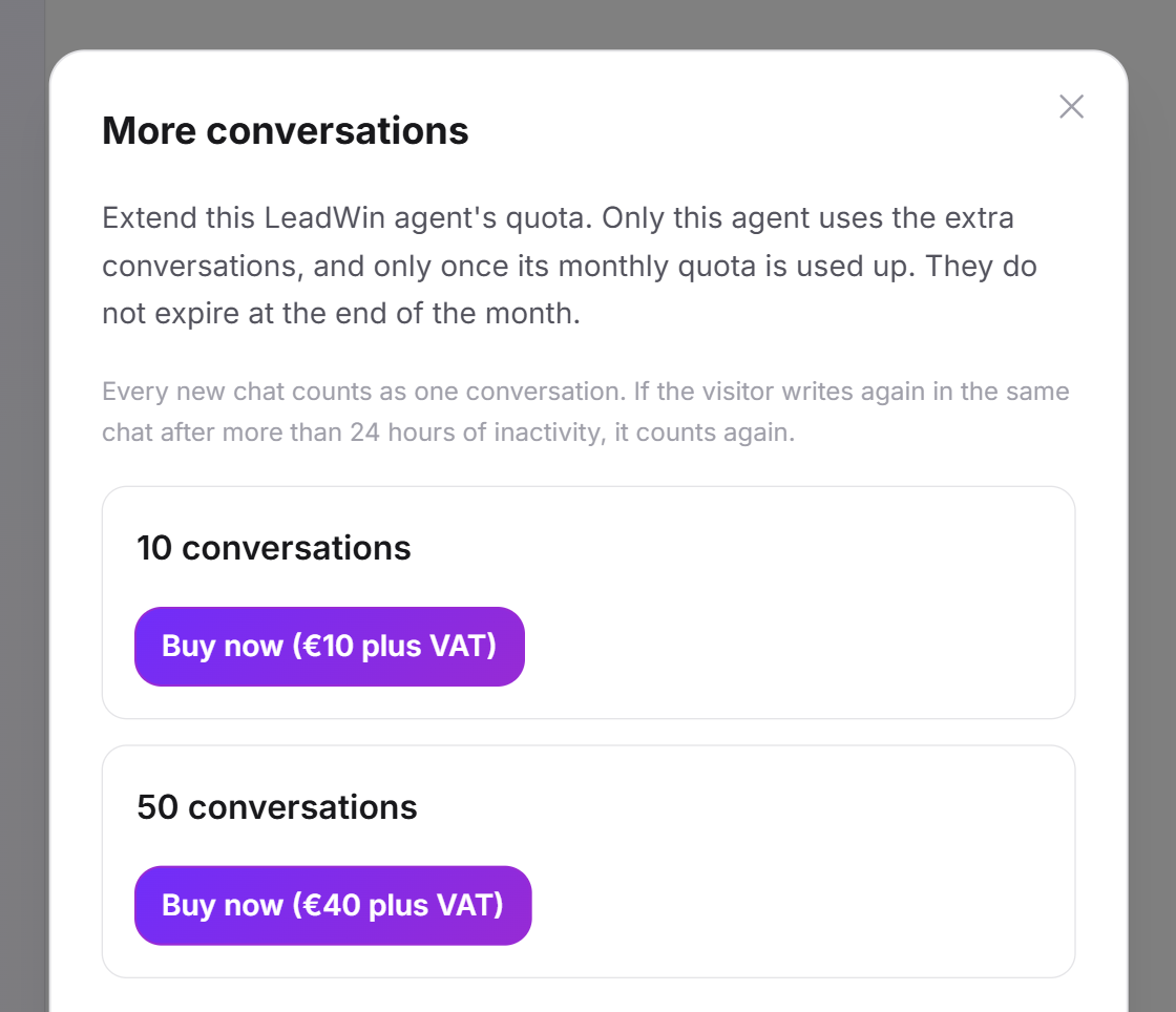 La boîte de dialogue Plus de conversations avec l'introduction, la règle de décompte et les packs de 10 et 50 conversations, chacun avec le bouton Acheter