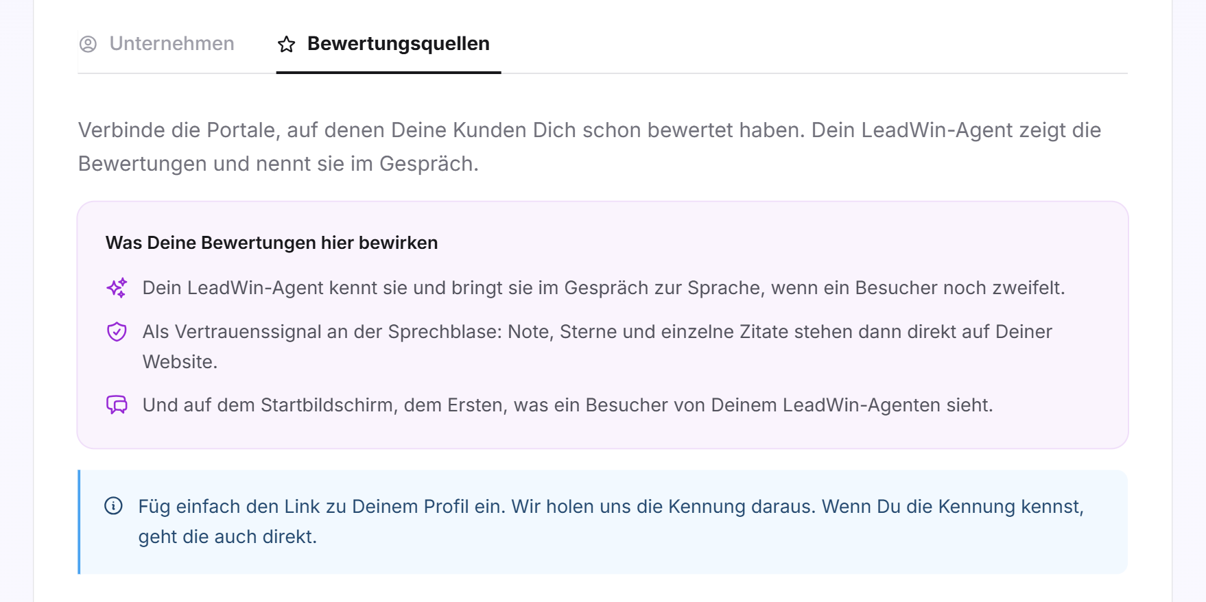 Der Reiter Bewertungsquellen mit Einleitung, dem Kasten Was Deine Bewertungen hier bewirken und dem Hinweis zum Einfügen des Links