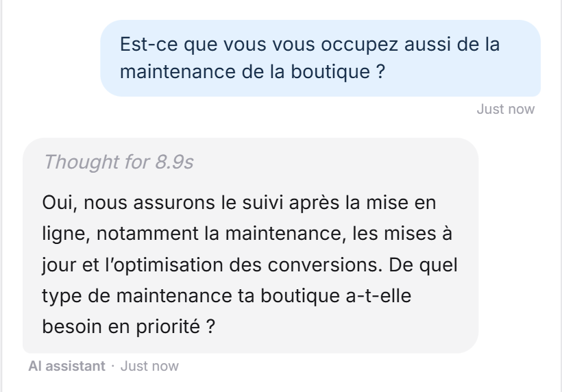 A visitor asks in French whether shop maintenance is included. The LeadWin agent answers in French and asks what kind of maintenance the shop needs