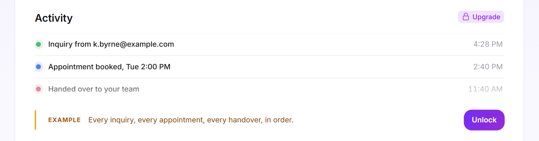 The locked Activity card with three example entries and the Unlock button
