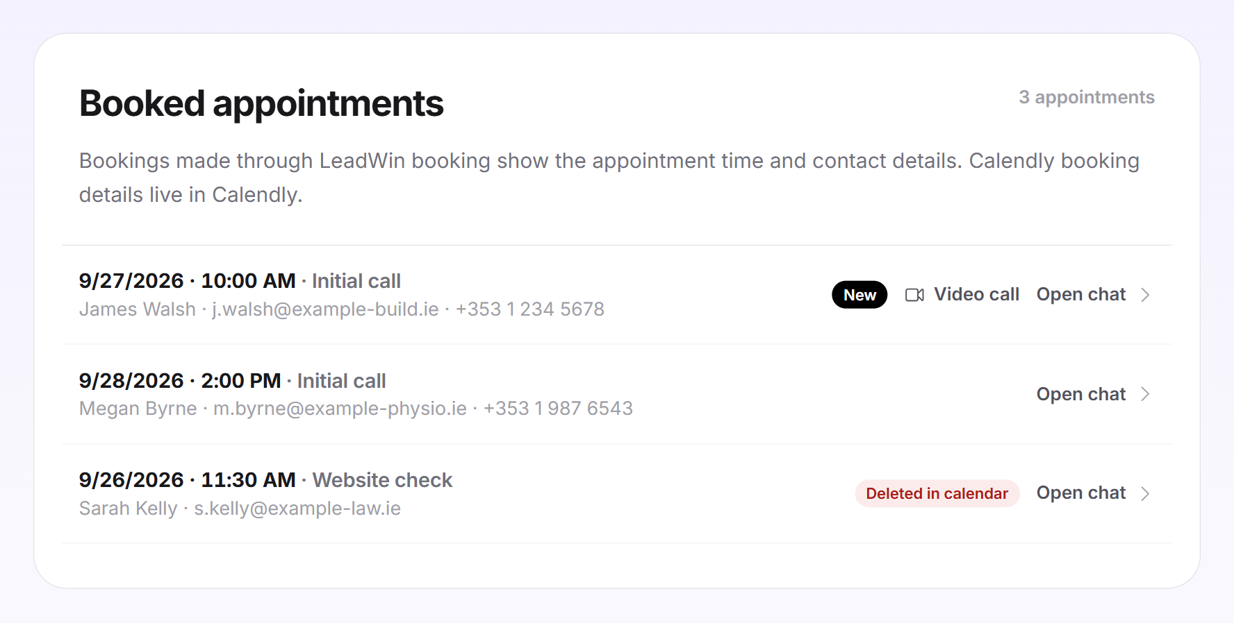 The Booked appointments card with a notice, a counter and three appointments