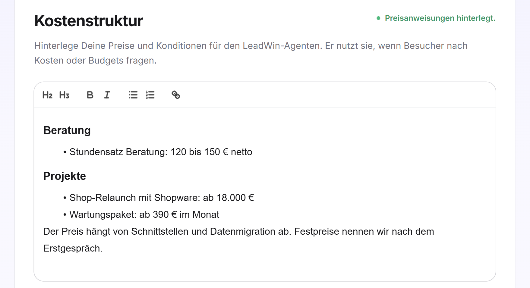 Der Editor der Kostenstruktur mit formatierten Preisen und dem Status Preisanweisungen hinterlegt