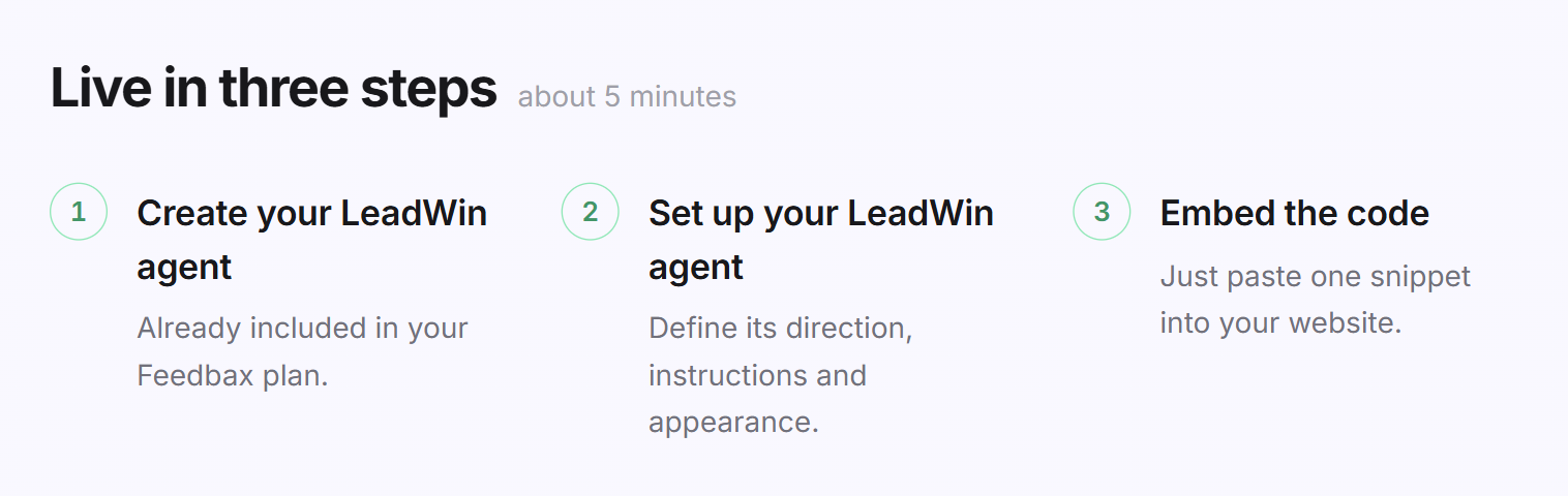 The Live in three steps block, whose first step is called Create your LeadWin agent and carries the note Already included in your Feedbax plan